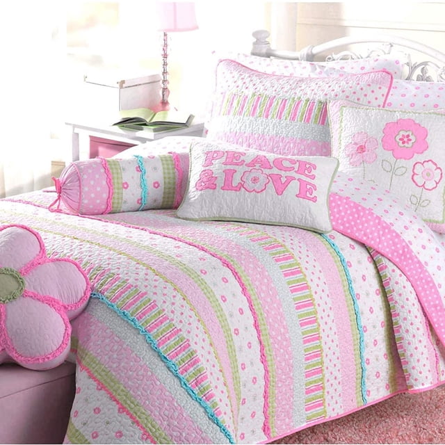 Cozy Line Home Fashions Courtepointe Réversible en Coton 100 % à Pois Roses pour Demoiselle d'Honneur, Ensemble de Literie, Couvre-Lit, Jeté de Lit (Greta Pastel, Grand Lit - 6 Pcs : 1 Courtepointe + 2 Taies d'Oreiller + 3 Coussins Décoratifs)