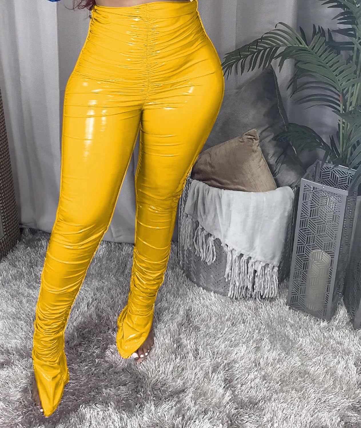 HLSOHJP Women's Pleated PU Leather Pants High Wasit Bodycon Ruched Split Hem Faux Leather Club Legging Trousers