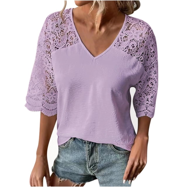 Birdeem Blouse Décontractée à Manches Courtes Imprimée Florale en Dentelle et Maille pour Femmes