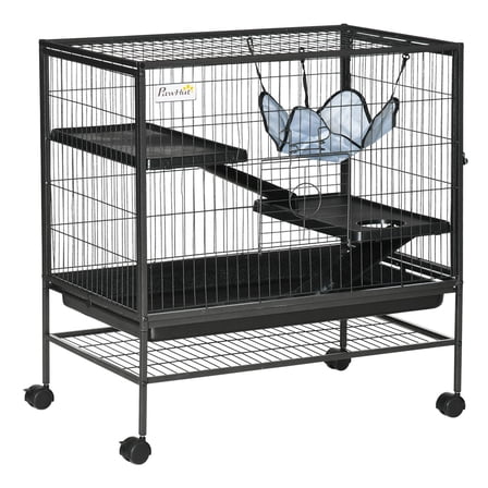 SAZYY 3-Storey Metal Cage with Casters, Doors, Hammock & Storage Shelf - 31.5"x20.5" Small Animal Habitat