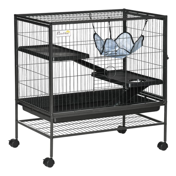 SAZYY 3-Storey Metal Cage with Casters, Doors, Hammock & Storage Shelf - 31.5"x20.5" Small Animal Habitat