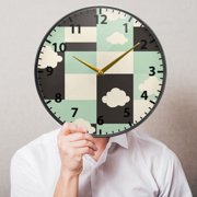Checkered Pattern with Clouds Wall Clock Modern Decor Acrylic Clock Golden Hands 9.5in