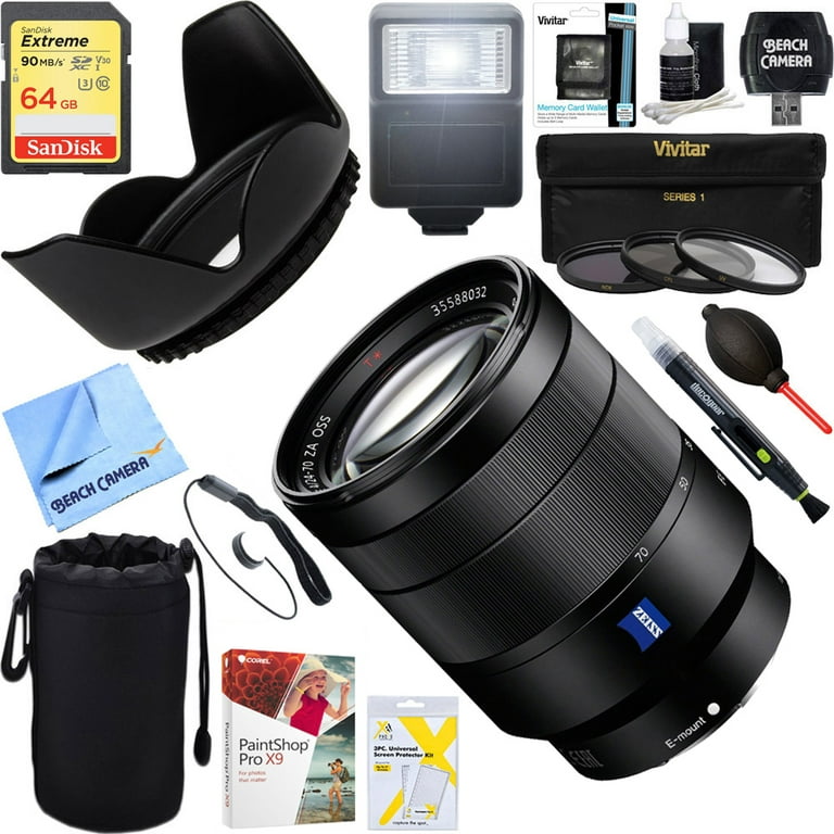 Sony Vario-Tessar T* FE 24-70mm F4 ZA OSS Full Frame A-Mount Lens  (SEL2470Z) + 64GB Ultimate Filter & Flash Photography Bundle