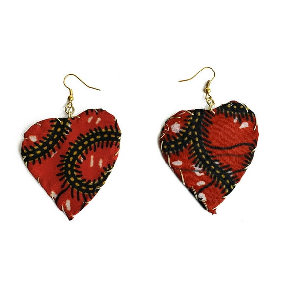 Dupsie's Red Heart-shaped Earrings wrapped in African Print fabric