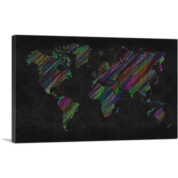 ARTCANVAS Black Colorful World Map Canvas Art Print - Size: 12" x 8" (0.75" Deep)