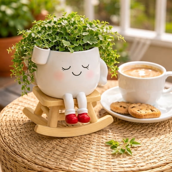 Cute Planters Funny Planters Smiley Face Rocking Chair Planter Pot with Drainage Hole for Succulents Indoor Outdoor Use Unique Sit-and-Rock Design Lightweight Decorative