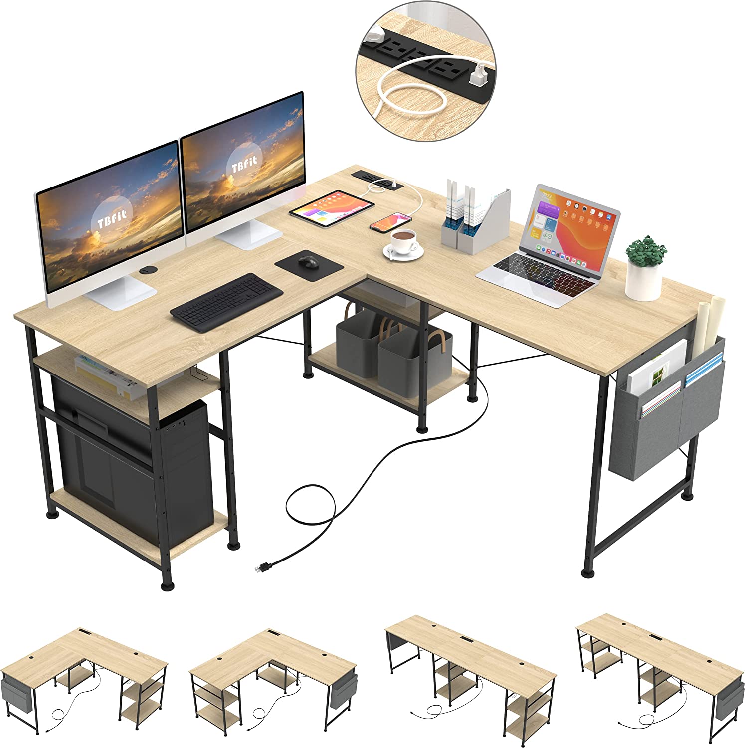 L Shaped Desk with Storage Shelves,95.2 Inch Reversible Coner Desk