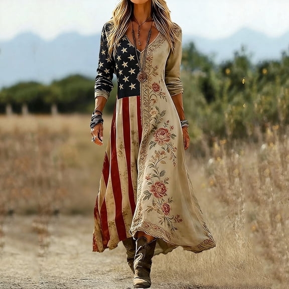 Qulqfy Womens Summer Dresses USA Flag Printed Maxi Flowy Long Sleeve Independence Day Wrap Fall Elegant Casual Boho V-Neck Beach Khaki Sundresses L