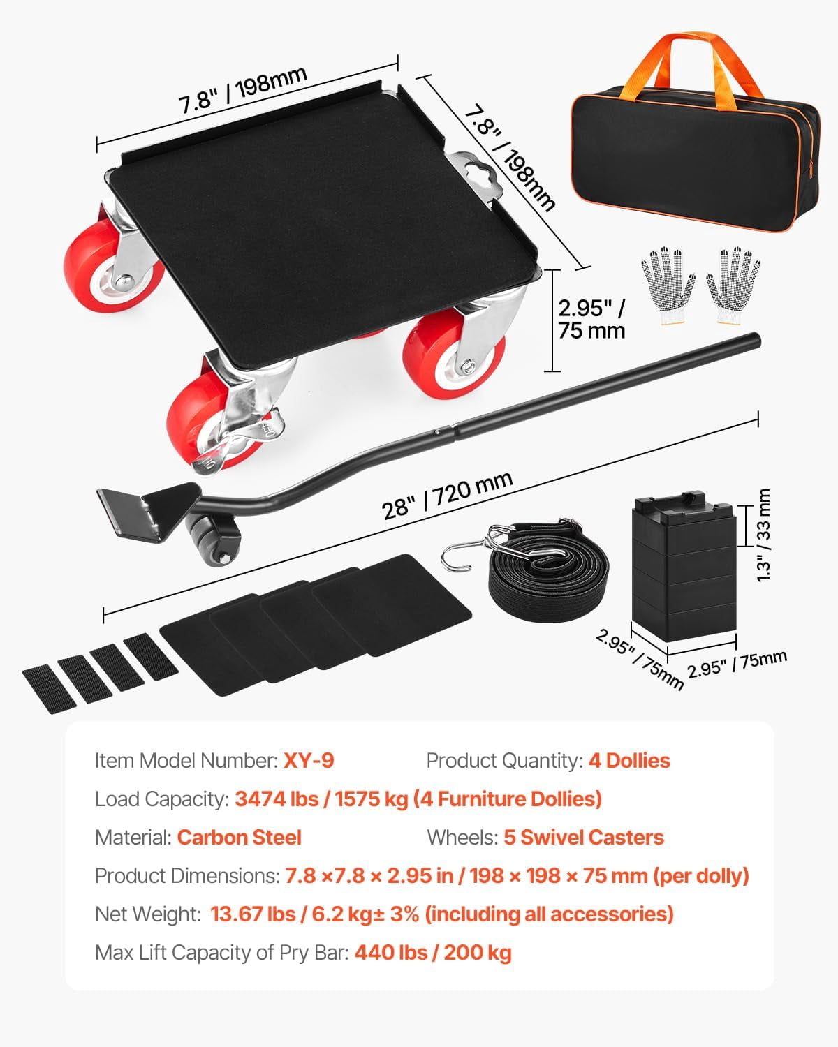 Heavy Duty Furniture Dolly with 5 Wheels - Carbon Steel Mover for Appliances, Sofa, Fridge