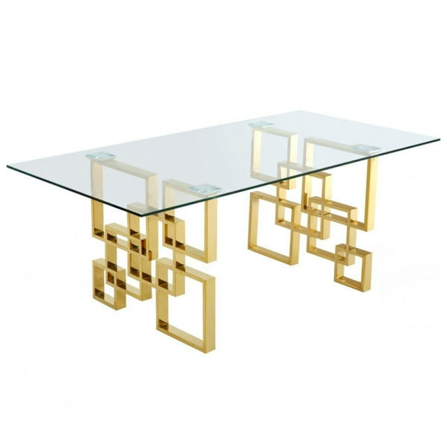 Glass Dining Table for 6 – Sleek Rectangular Design with Clear Tempered Glass Top and Gold Stainless Steel Legs, Modern and Durable Centerpiece for Dining Rooms or Elegant Gatherings
