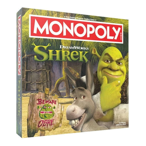 MONOPOLY: Shrek Edition Board Game, Buy, Sell & Trade, Iconic Fairy Tale Characters like Shrek, Donkey, Puss n Boots & More, Classic Family Game for Ages 8 , Officially Licensed DreamWorks Merchandise