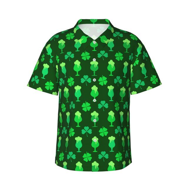 Balery leaves and glasses of beer for St. Patrick's Day Camisas hawaianas de manga corta para hombre, camisas playeras de corte holgado, camisas de vacaciones con botones,3X-Large