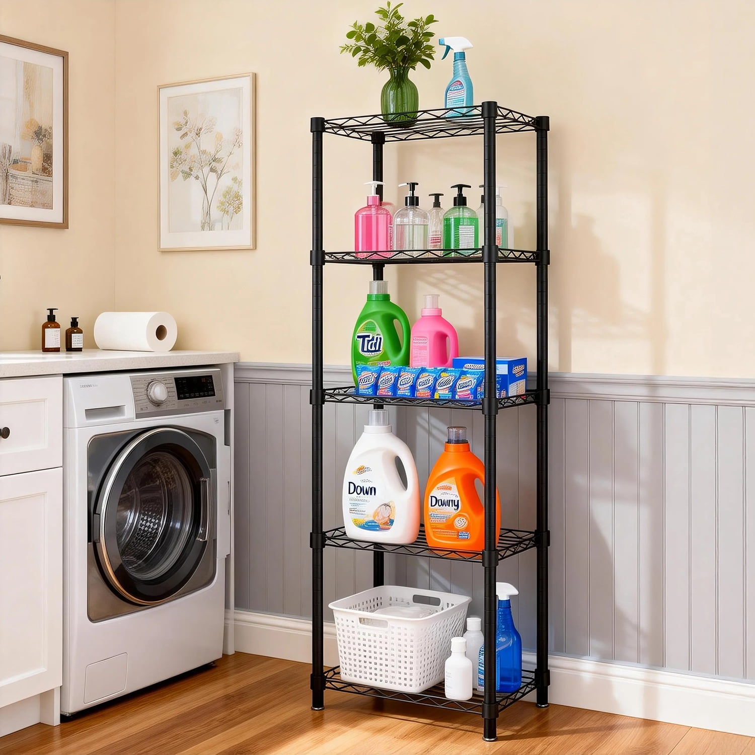 TAIMASI 5-Tier Metal Storage Shelves, Adjustable Black Organizer Rack with Leveling Feet, 11.8"D x 16.6"W x 53.5"H Storage Shelves for Pantry, Kitchen, Laundry, Bathroom Closet