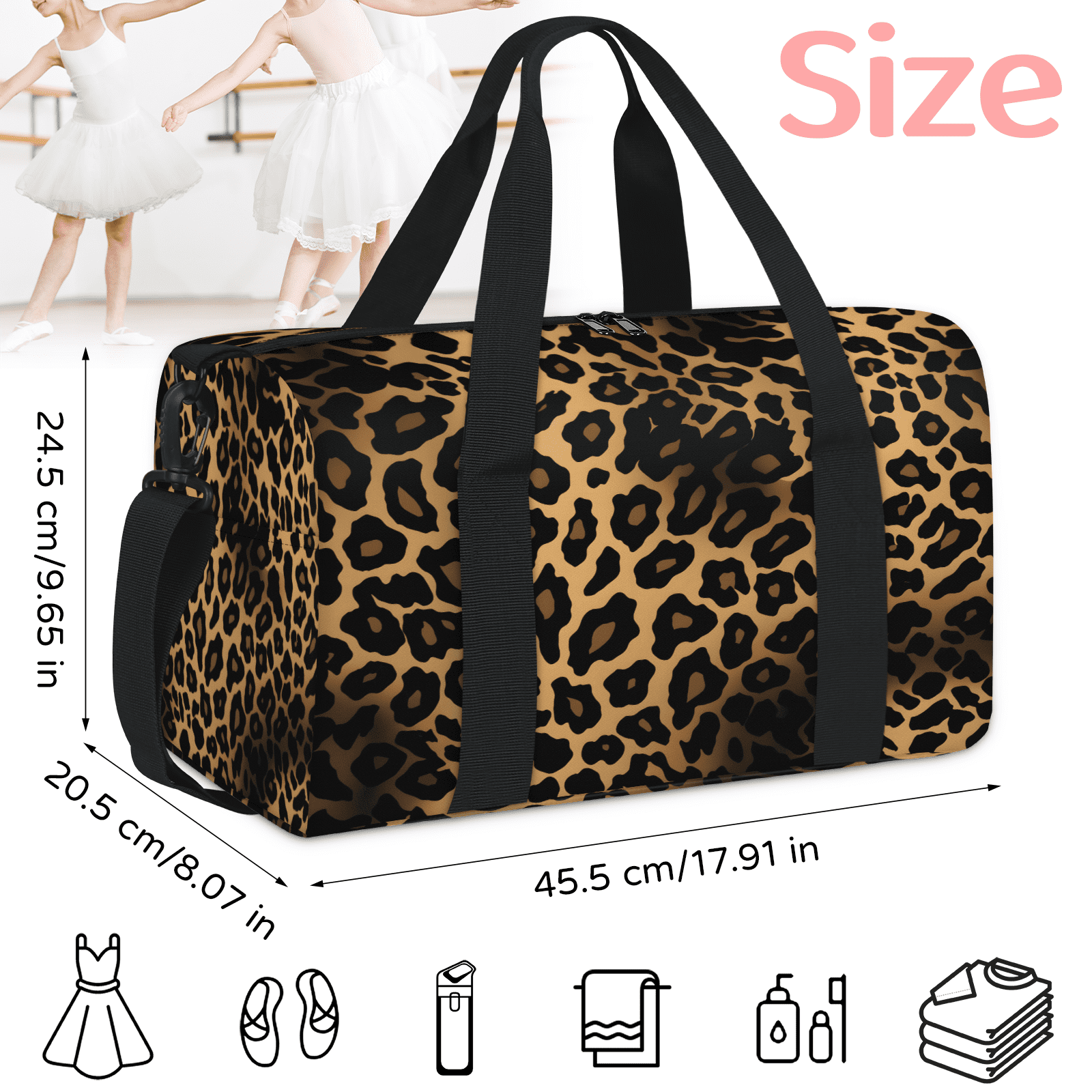 Herdesigns Leopard Cheetah Print Gym Bag for Women, Duffle Bag for Travel Sport, Lightweight Waterproof Carry on Weekender Overnight Dance Yoga Workout Bags