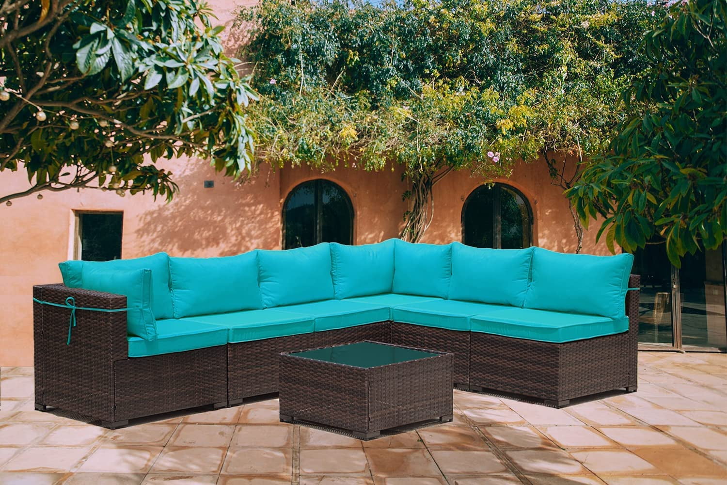 Kullavik Patio Furniture Set 7 Pieces Sectional Sofa PE Rattan Wicker Outdoor Furniture Set Patio Conversation Set with Tempered Glass Table and Cushion,Blue