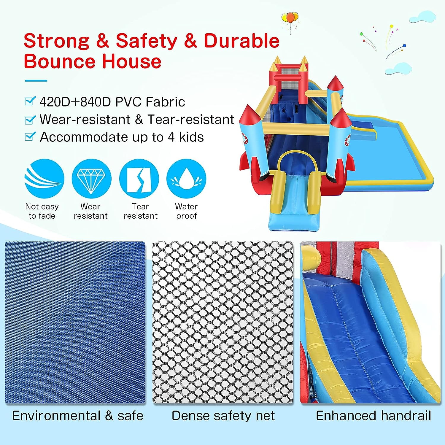 Qhomic 146''x 132'' x 82'' Inflatable Bounce Houses for Kids 3-10 with Blower Double Slide Climbing Wall and Ball Pit/Large Pool Outdoor/Indoor Bouncy House, PVC, Child, Teen, Toddler