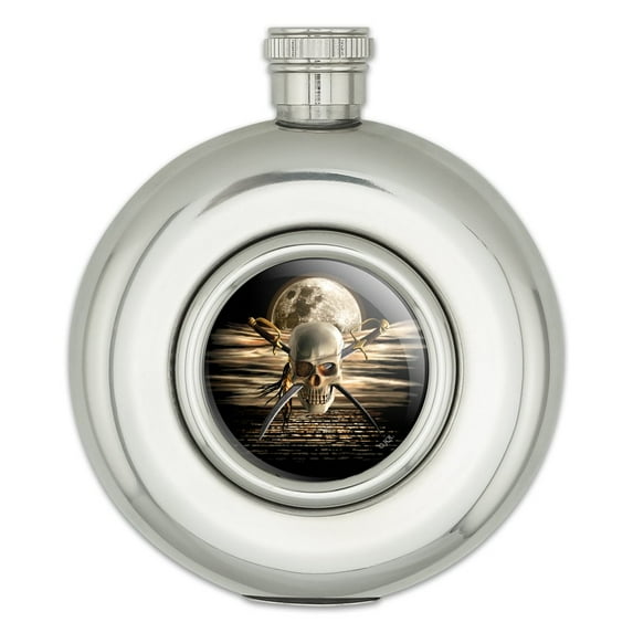 Pirate Skull Crossed Swords Cutlasses Ocean Moon Round Stainless Steel 5oz Hip Drink Flask