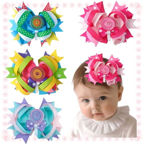 JoyBowie 4 Pack 5.5 Inch Layered Ruffled Grosgrain Ribbon Hair Bows for Babies & Toddlers, Non-Slip Alligator Clips, Bright Colorful Clips for Girls