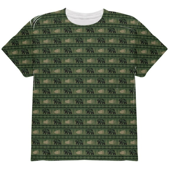 Grizzly Bear Pattern Green All Over Youth T Shirt Multi YXL
