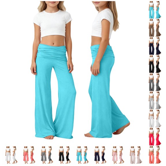 Quotay Girls Wide Leg Pants Pleated Waist Solid Color Loose Yoga Casual Trousers for Comfort and Play Trousers for Girls 5-14 Years 01_Sky Blue,9-10 Years