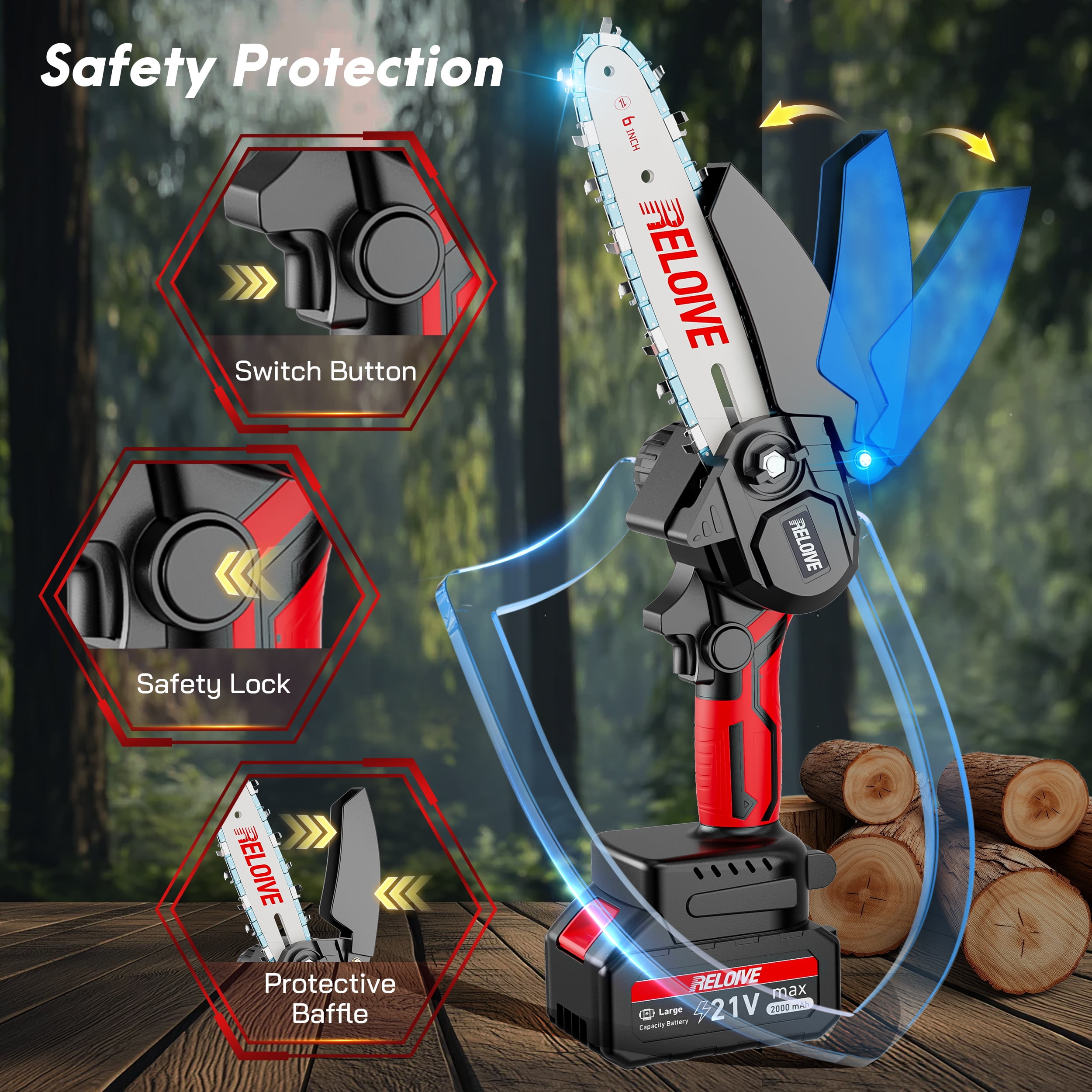 RELOIVE 6 in Mini Chainsaw with 2PCS 2.0 Ah Batteries 3 Chains,Cordless Small Handheld Chain Saw for Wood Cutting Tree Trimming