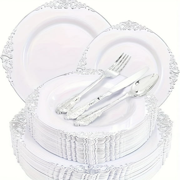 "150-Pc Silvery Disposable Party Set - 30 Dinner Plates, Dessert Plates, Forks, Spoons & Knives - for Weddings & Events