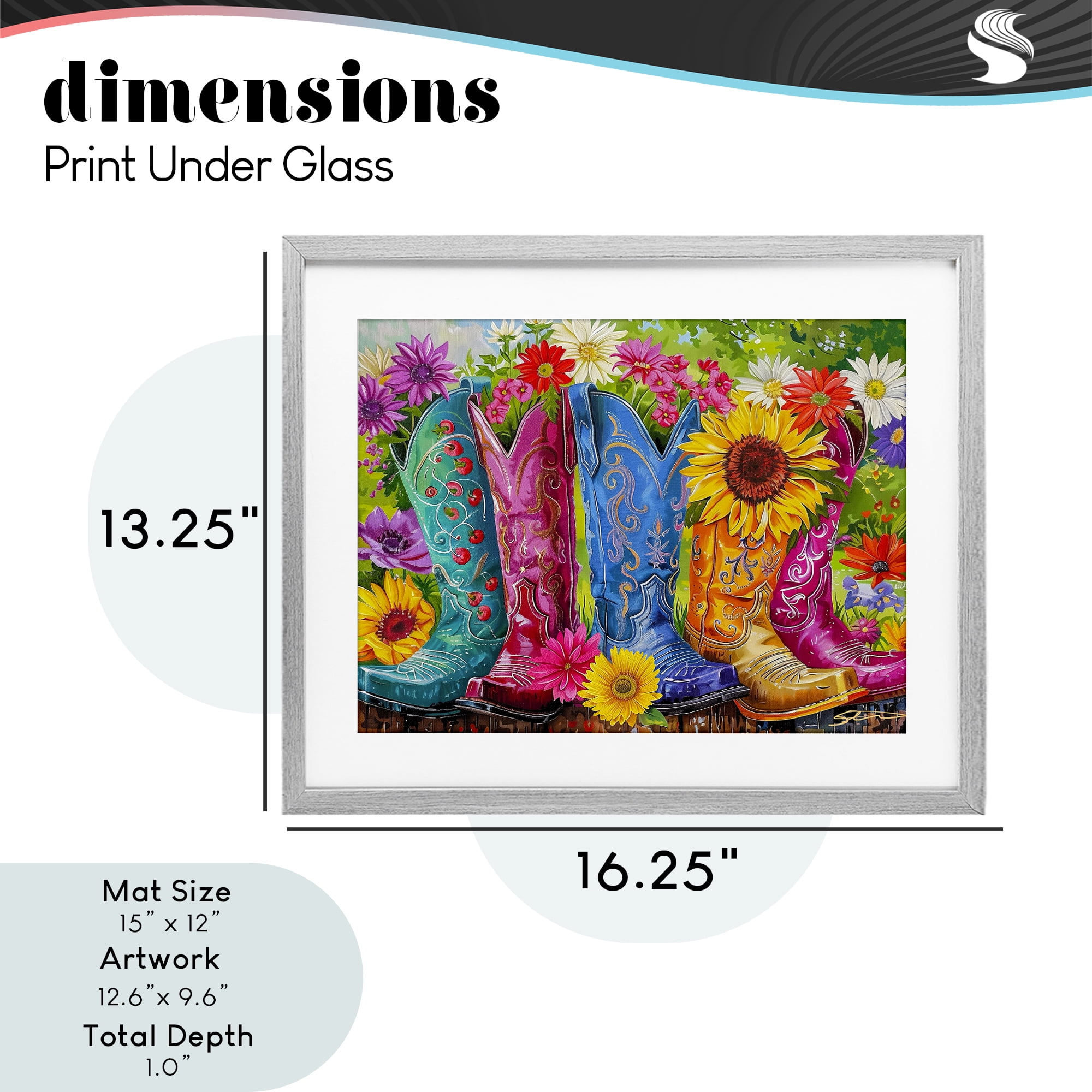 Cowboy Boots and Sunflowers Gray Framed Print Under Glass, design by Shawna Stewart