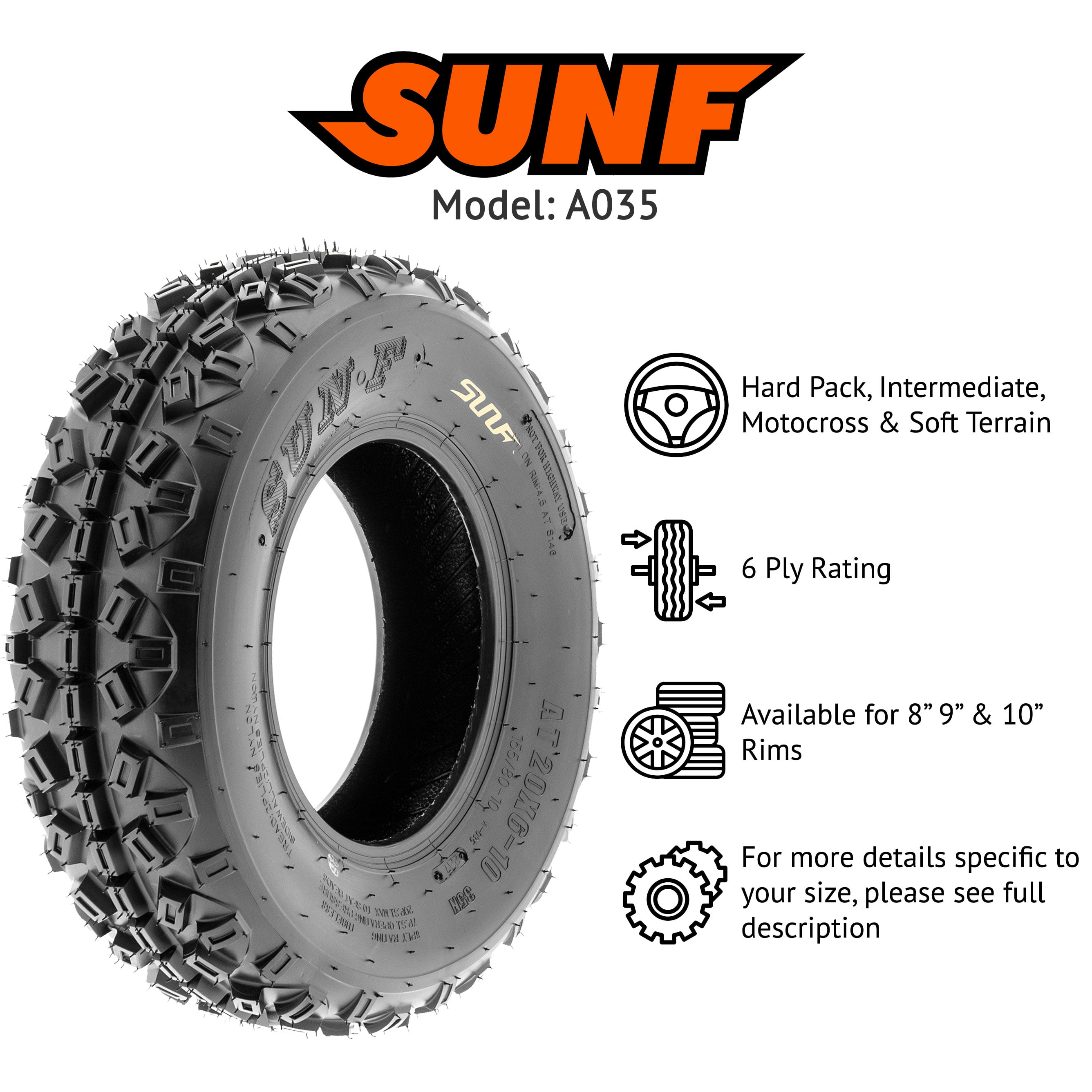 Set of 2 SunF 18x10-8 18x10x8 ATV UTV Tires 6 PR Tubeless A035