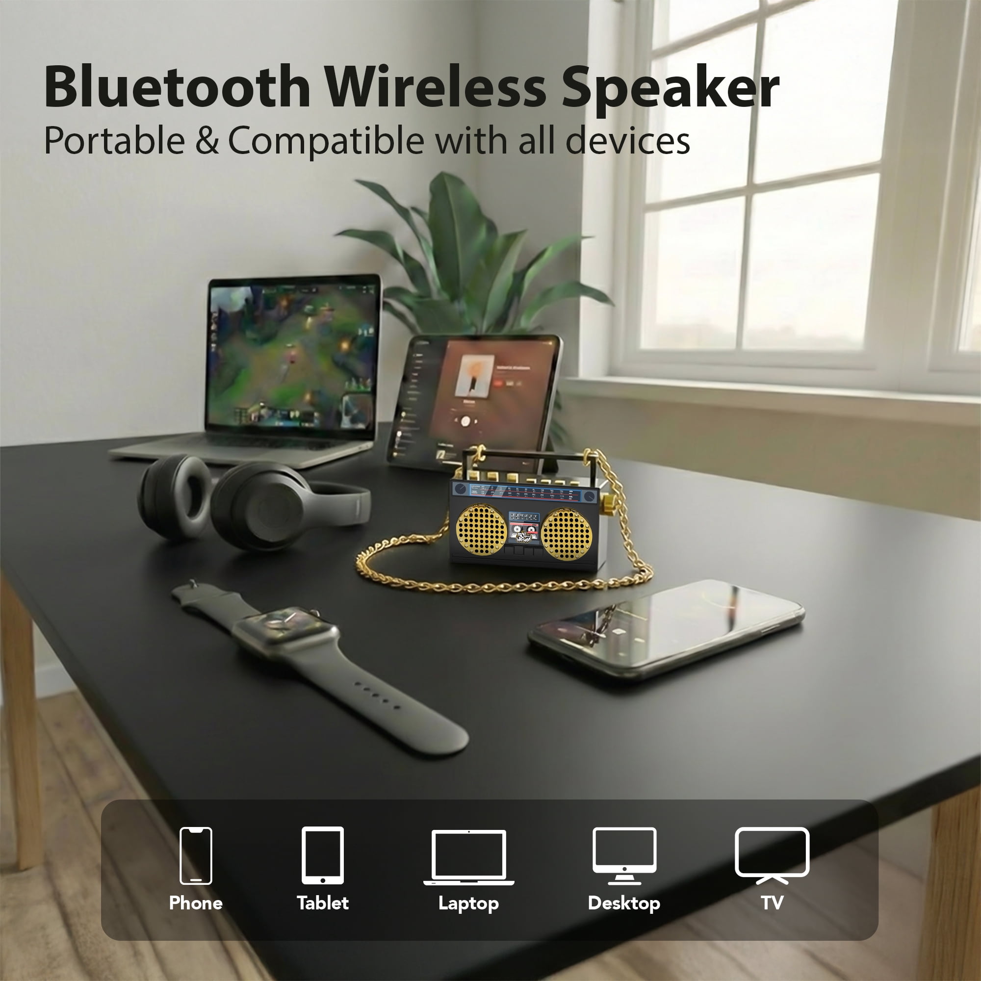 Portable Mini Bluetooth Wireless Speaker Retro Wearable Boombox with 27 Inch Necklace, FM Radio, On Board Buttons, with Dual 6W Peek Power Micro Speakers, and Long Lasting Battery