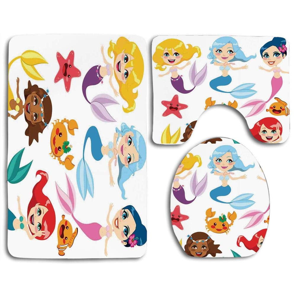 GOHAO Mermaid Collection Cute Colorful Mermaids Sea Friends Kids Cheering Joyful 3 Piece Bathroom Rugs Set Bath Rug Contour Mat and Toilet Lid Cover