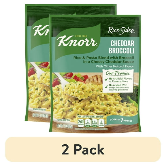 (2 Pack) Knorr No Artificial Flavors Cheddar Broccoli Parboiled Rice, 5.7 oz Regular Pouch