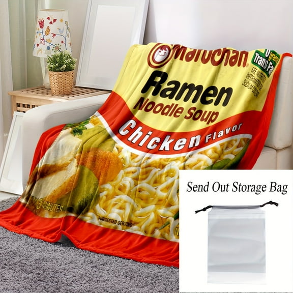 [Cozy Flannel Blanket] Soft Lightweight 1pc Chicken Flavor Ramen Noodle Soup Design Flannel Blanket | Cozy Home Decor Gift with Cilantro Theme for Sofa, Bed, Travel & Camping - All-Season Throw