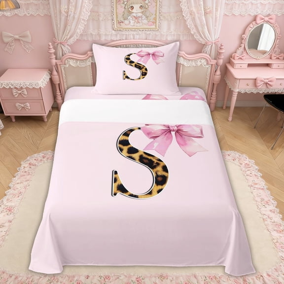 Erosebridal Pink Bowknot Letter S Twin Sheet Sets, Cheetah Leopard Print Bedding for Girls Kids, 3 Pieces