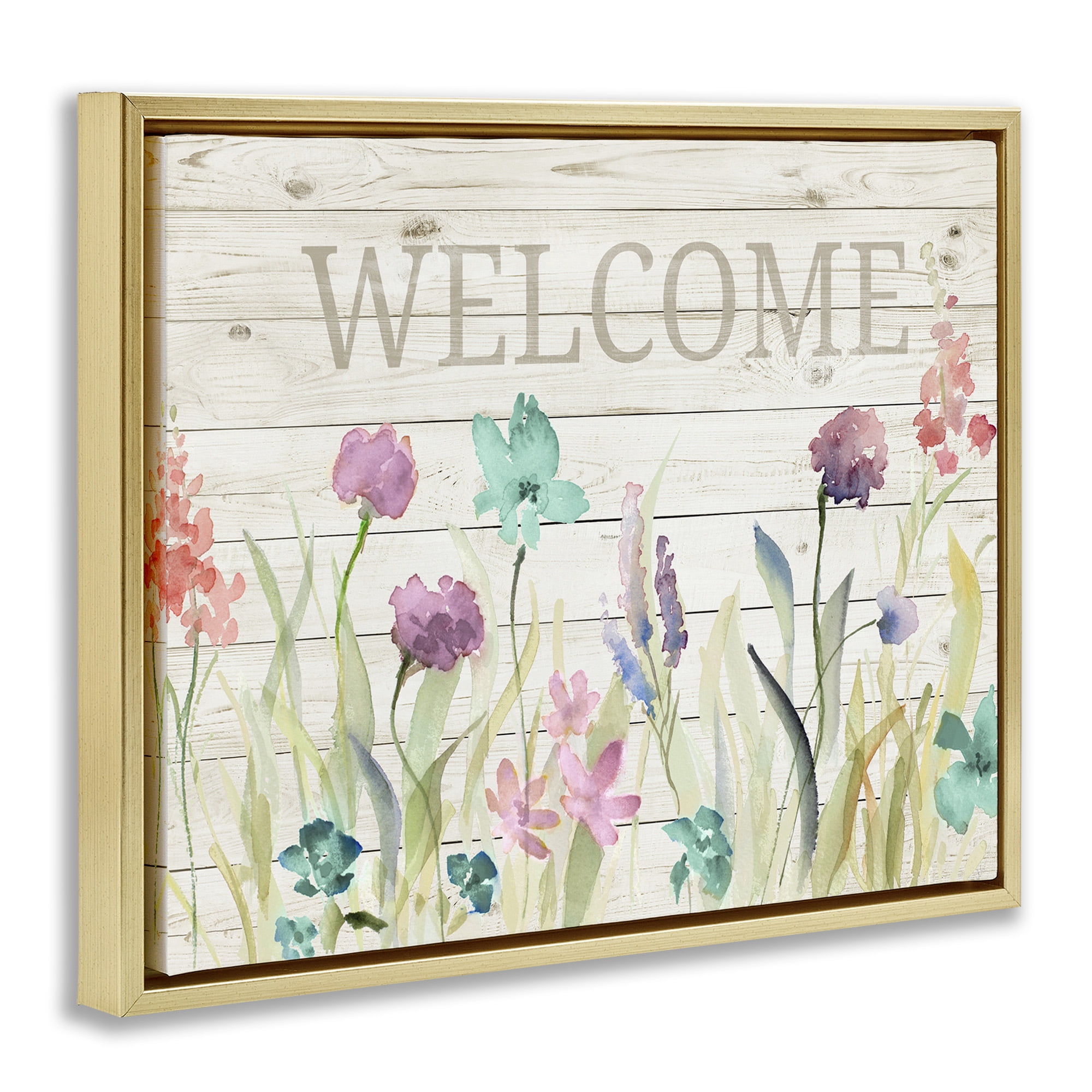Stupell Industries Welcome Sign Spring Wildflowers Botanical & Floral Painting Gold Floater Framed Canvas Art Print Wall Art, 31 x 25