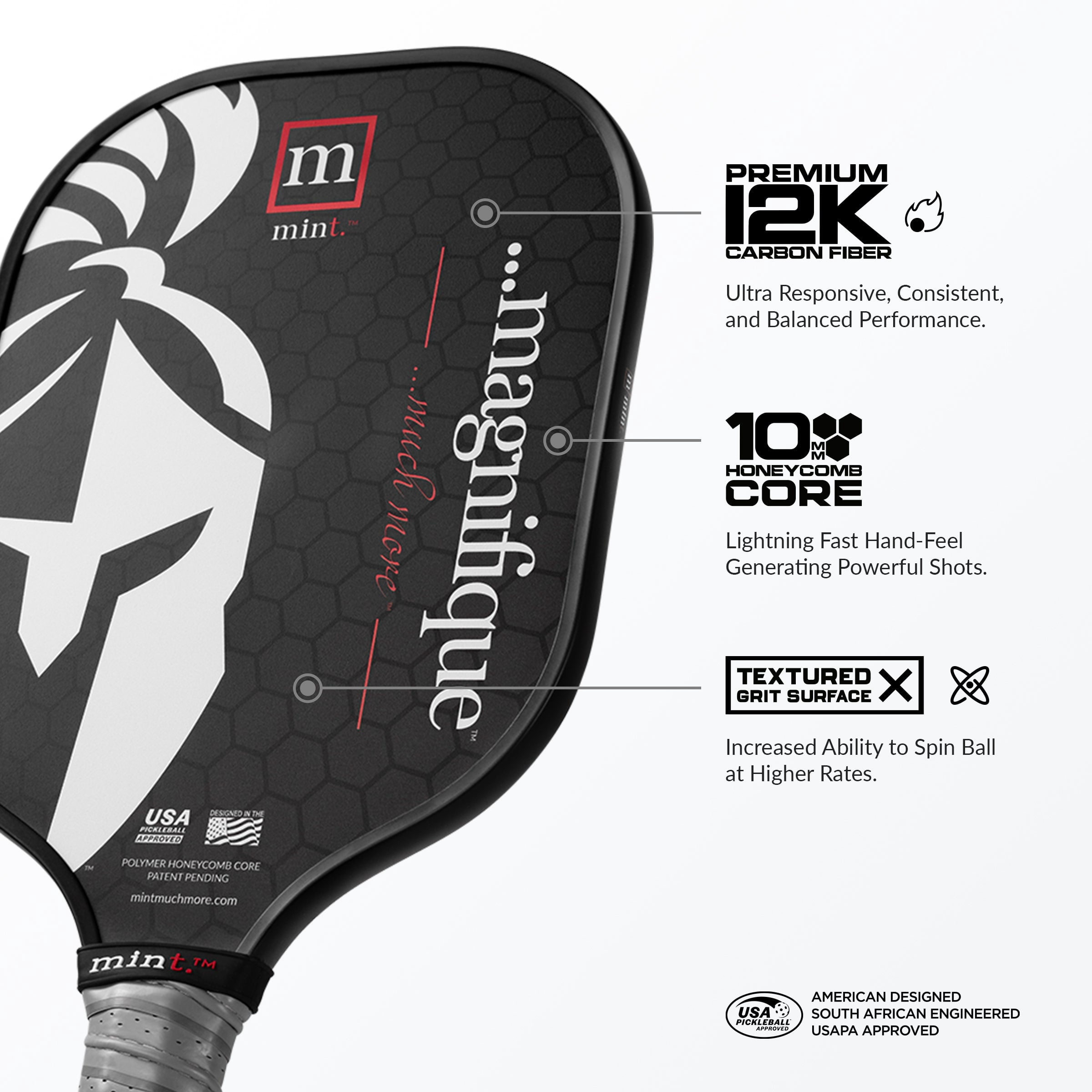 Mint Sport Magnifique Pickleball Paddle – 12K Carbon Fiber Pickleball Paddle with 10mm Polypropylene Core, Textured Spin Surface, PVC Edge Guard, USAPA Approved for Advanced Players
