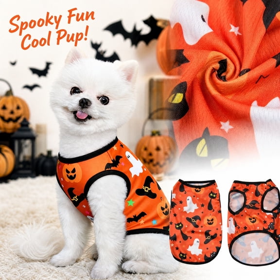 Small Dog Halloween, Dog Clothes for Small Dogs, Breathable Dog Halloween Shirt, Pumpkin Ghost Witch Bat Print Small Dog Shirt, Halloween Party Puppy Vest, S Size Orange, 1 Pack