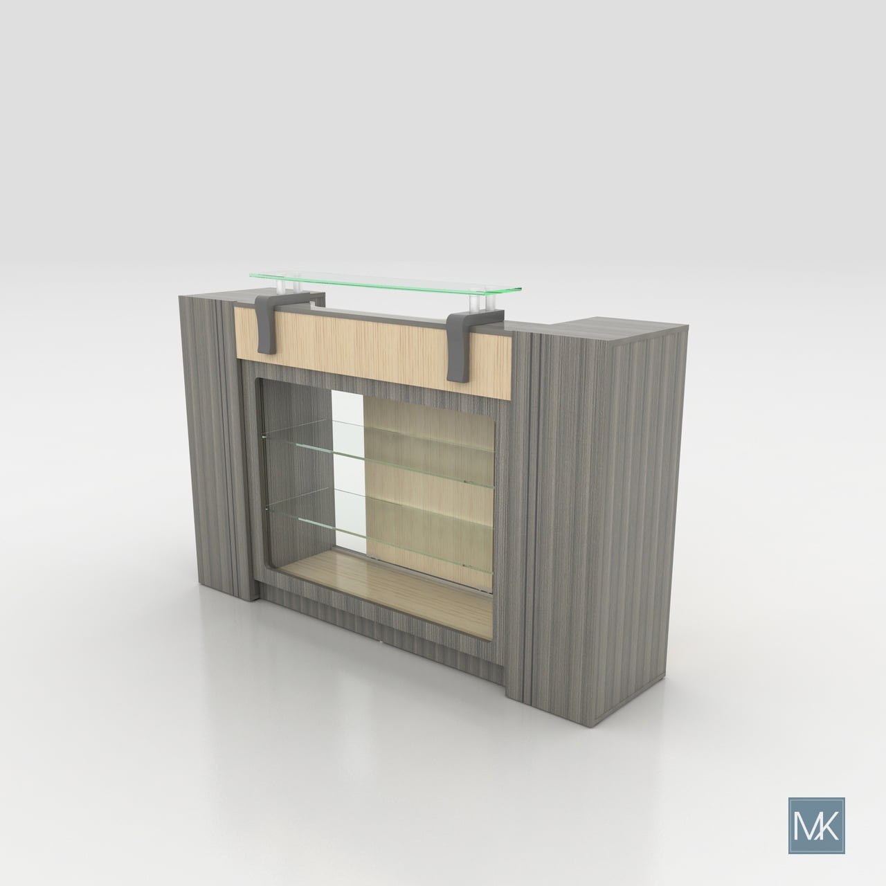 Alera Reception Table With Glass Display Shelves And Side Cabinets