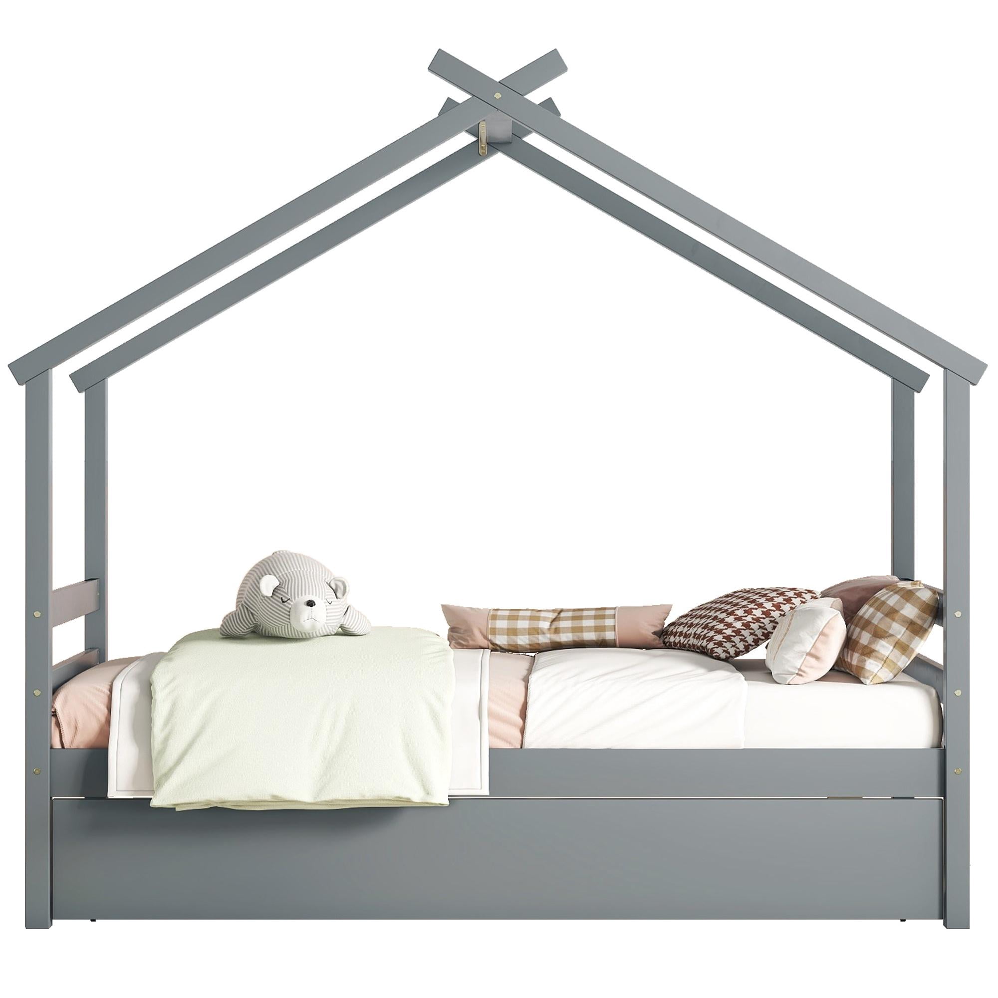 Bellemave House Bed with Trundle, Solid Wood Twin Size Playhouse Platform Bed with Roof, House Shaped Daybed for Teens (Gray)