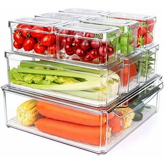 10 Pack Refrigerator Pantry Organizer Bins, Stackable Fridge Organizer Bins with Lids, Clear Plastic Food Storage Bins for Kitchen, Countertops, Cabinets, Fridge, Drinks, Fruits, Vegetable, Cereals