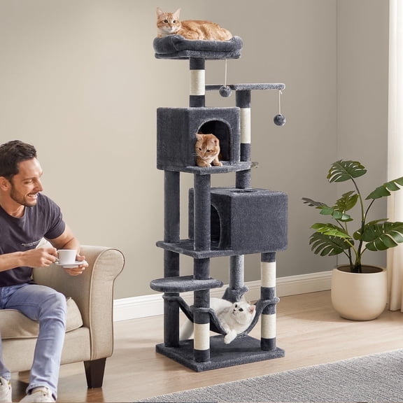 LEDREM 61-Inch Multi-Level Cat Tree, Plush Cat Tower with 2 Caves & Hammock, 5 Scratching Posts & Anti-Tip Kit, Smoky Gray