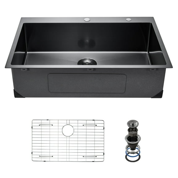 VEVOR 33 inch Kitchen Sink Workstation, 304 Stainless Steel Top Mount Sinks, Drop-In Single Bowl Farmhouse Basin with Accessories, Household Dishwasher Sinks for RV, Prep Kitchen, and Bar (Black)