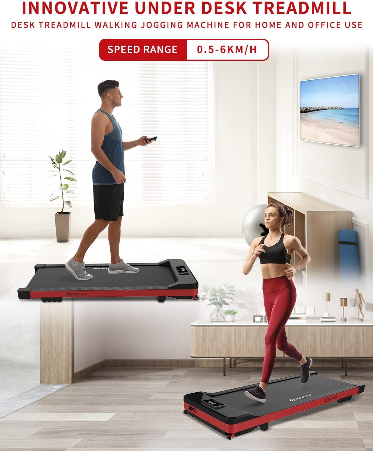FreeLung Under Desk Treadmill Walking Pad Treadmill 300 lb Capacity Walking Exercise Machine with Remote Control and LED Display Red