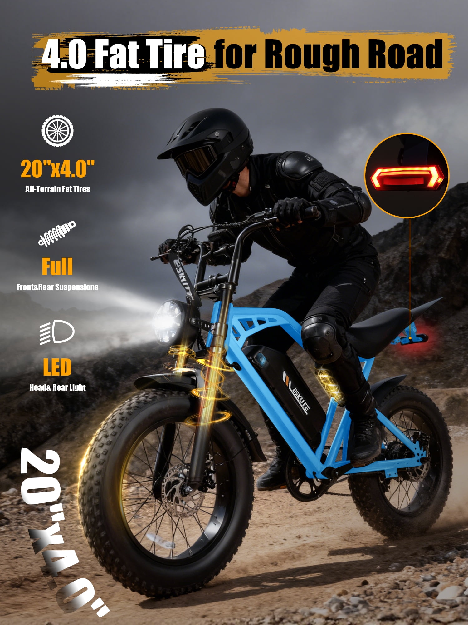 ESKUTE Electric Bike for Adults, 29MPH Dirt E-Bike, 48V 20.8Ah Battery, 20"x4.0" Fat Tires, 80-Mile Range, NFC Unlock, 7-Speed, Dual Suspension, Blue with Rear Rack & Footrests