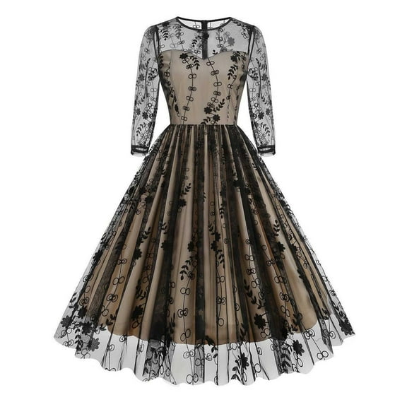 QLEICOM Wedding Guest Dress,Dresses for Women,Women's Formal Long Sleeve Dress with Embroidered Mesh Panels and Accentuated Waist Round Neck Evening Gown Ideal for Weddings and Tie Events