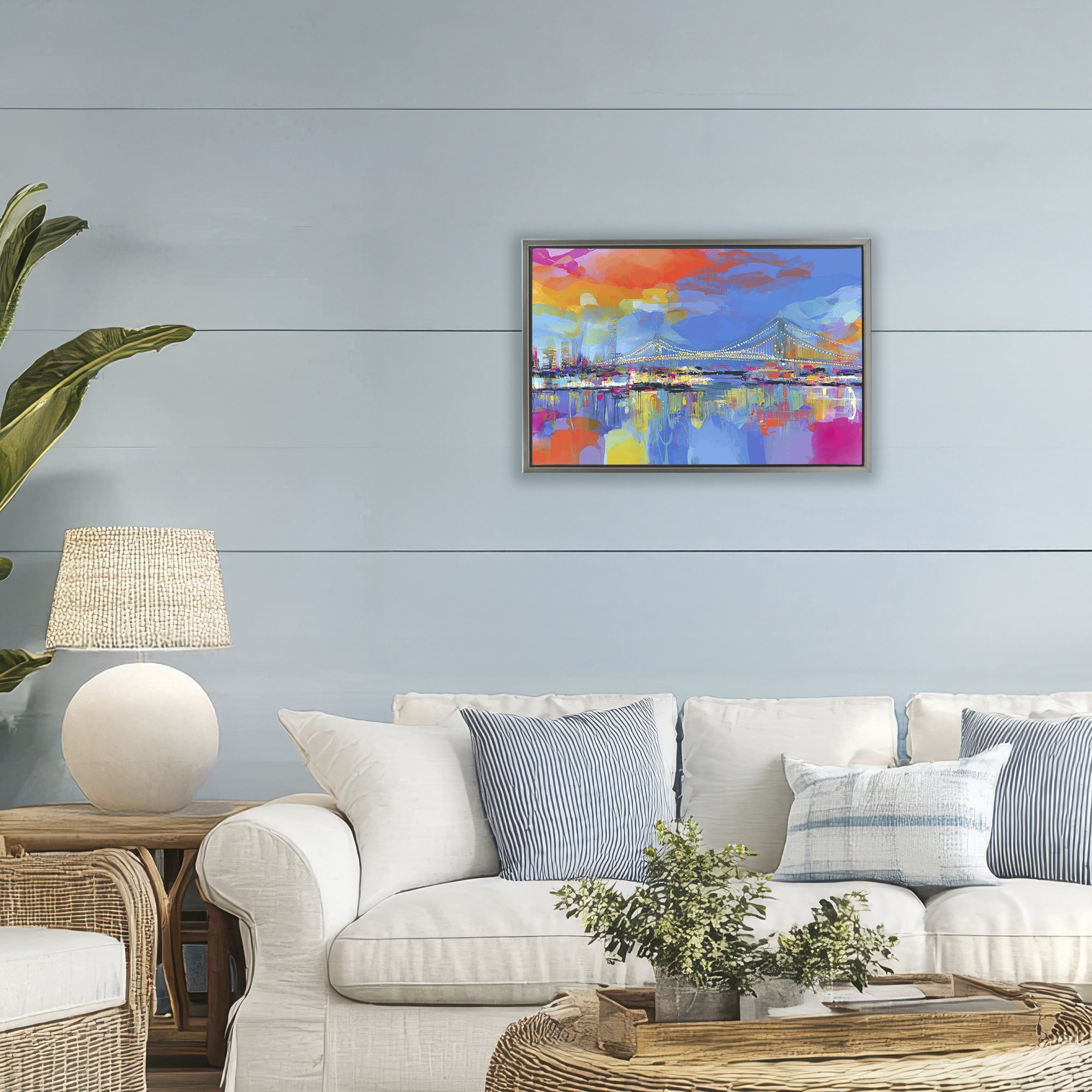 Stupell Industries Bay Bridge Aglow at Sunrise Gray Framed Floater Canvas Wall Art, design by Chromatic Storm Studio