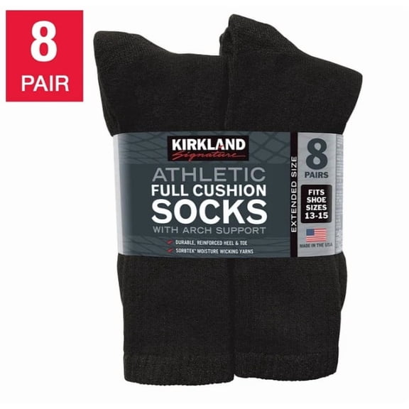 Kirkland Signature Mens Athletic Sock 8-Pair, Black (men size 13-15), Made in USA