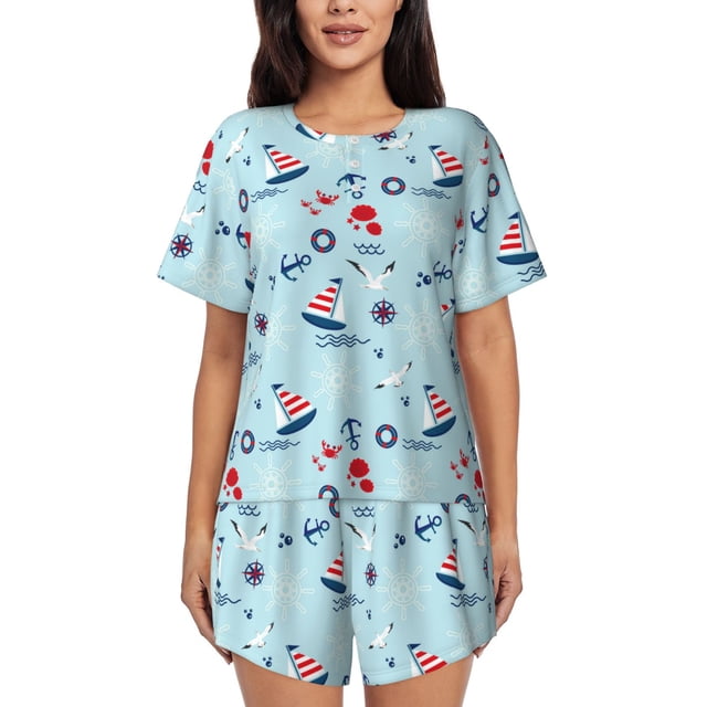Balery Sailboats Anchors Conjunto de Pijama para Mujer con Estampado, Dos Piezas de Manga Corta y Shorts, Ropa de Dormir Suave con Cuello Redondo y Bolsillos-X-Large