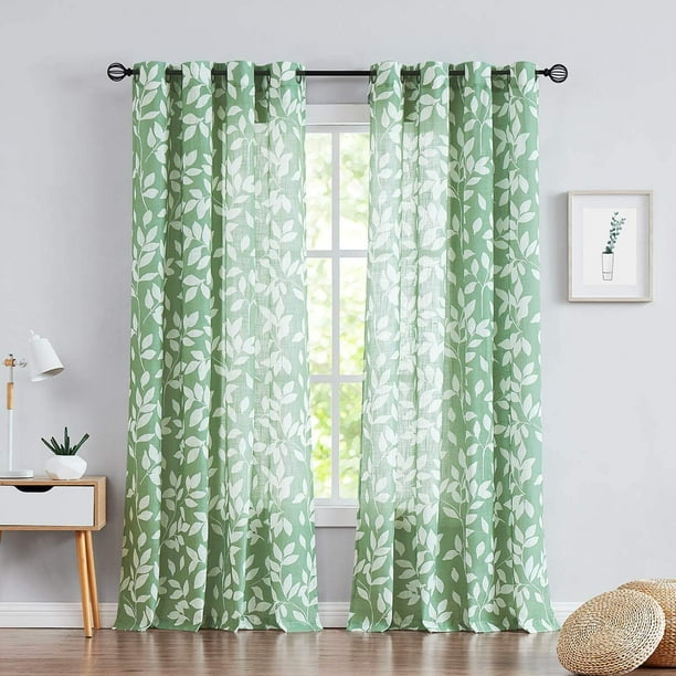 IBAOLEA White Green Curtains for Living Room 84 Length Leaf Print  Semi-Sheer Curtains for Bedroom Windows, Grommet Top, 2 Pack Green 52 x  84 