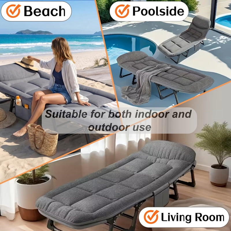 Heavy-Duty Folding Bed Frame with Adjustable Backrest, Portable Camping Cot, Indoor/Outdoor Daybed with Removable Pad
