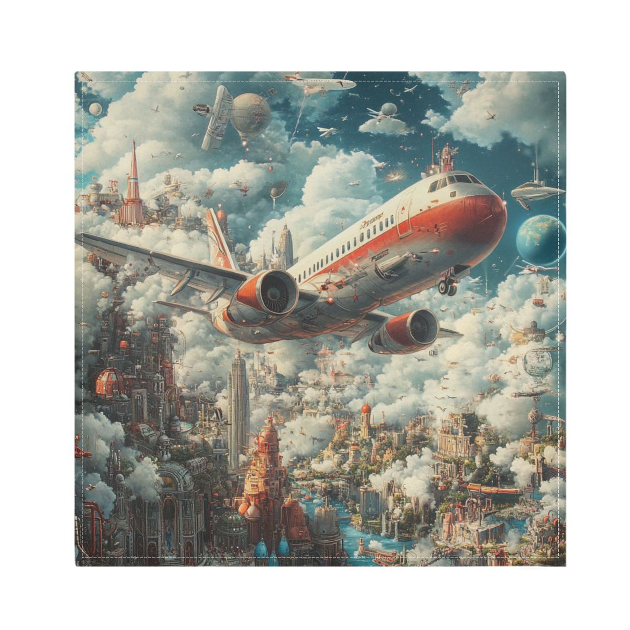 Satin Native Fab Cotton Dinner Napkin Futuristic Cityscape with Airplane Reusable